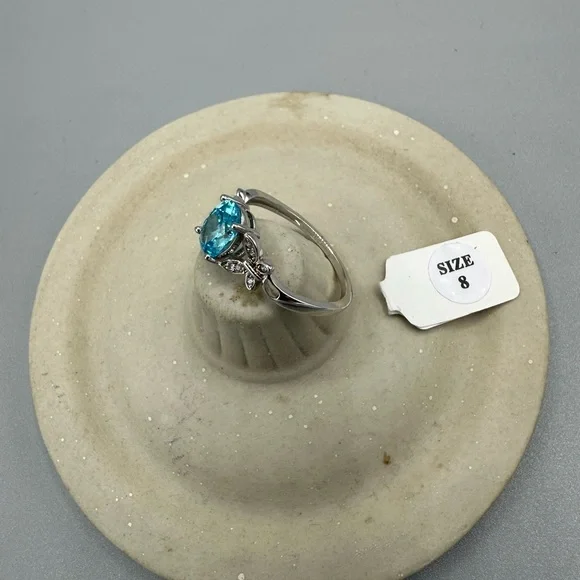 Elegant Sterling Silver Double Butterfly Aqua Center Stone CZ Ring - Picture 2 of 2